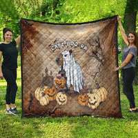 Quilt blanket with quilted diamonds: CAPY-BOO-RA cat in gray ghost robe and pumpkins