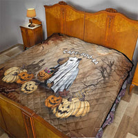 Halloween quilt blanket laid on a bed, diamond quilting with CAPY-BOO-RA cat and pumpkins