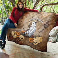 Brown beige Halloween quilt blanket with diamond quilting, CAPY-BOO-RA cat and pumpkin row