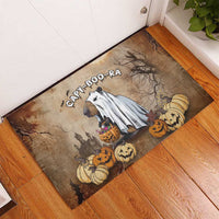 Halloween capybara ghost doormat on floor, CAPY-BOO-RA banner and jack-o'-lanterns
