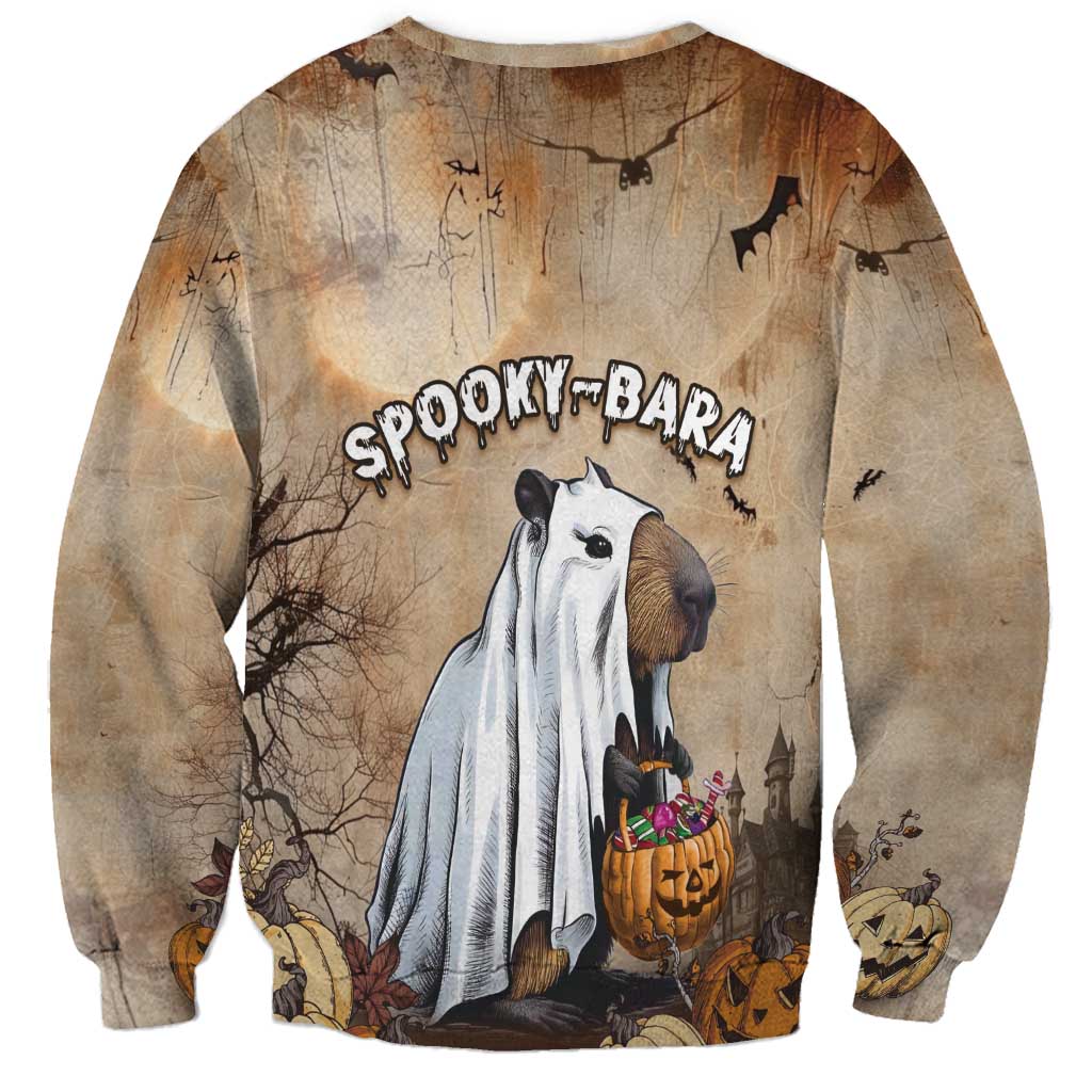 Unisex beige crewneck sweatshirt with ghost capybara graphic and “SPOOKY-BARA” text