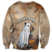 Unisex beige crewneck sweatshirt with ghost capybara graphic and “SPOOKY-BARA” text