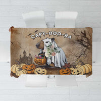 Brown Halloween tablecloth with capybara graphic, pumpkins, and CAPY-BOO-RA text