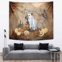 Halloween capybara tapestry with ghost cape, pumpkins, and “CAPY-BOO-RA” text on beige fabric