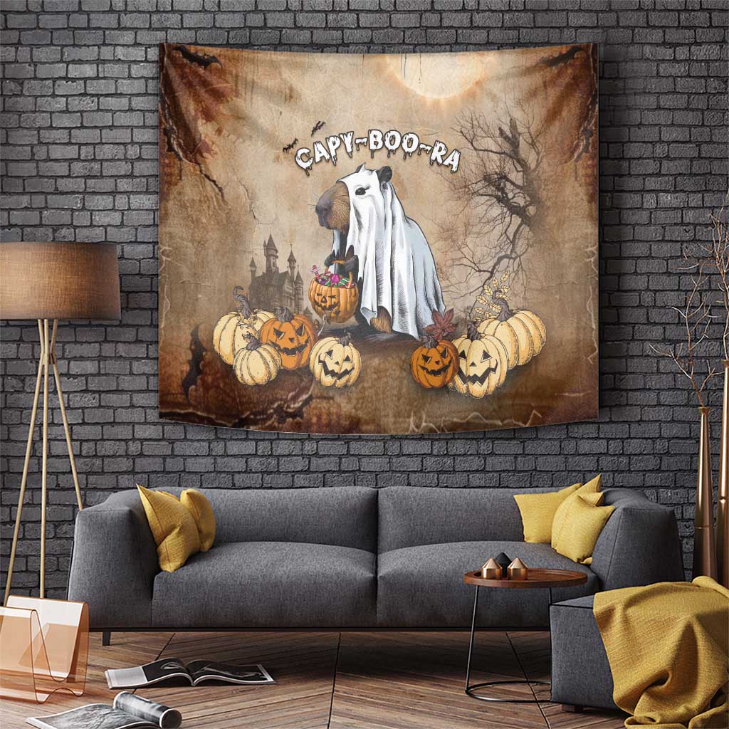 Spooky capybara wall tapestry with ghost cape and jack-o’-lanterns, “CAPY-BOO-RA” at top