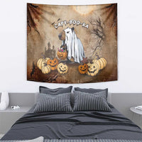 Beige Halloween capybara tapestry featuring a ghost cape, pumpkins, and “CAPY-BOO-RA” lettering