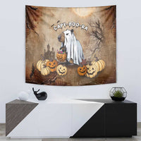 Wall tapestry with capybara in ghost cape, surrounded by pumpkins and “CAPY-BOO-RA” text