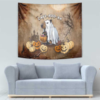 Halloween capybara tapestry on beige background with ghost cape, pumpkins, and “CAPY-BOO-RA”
