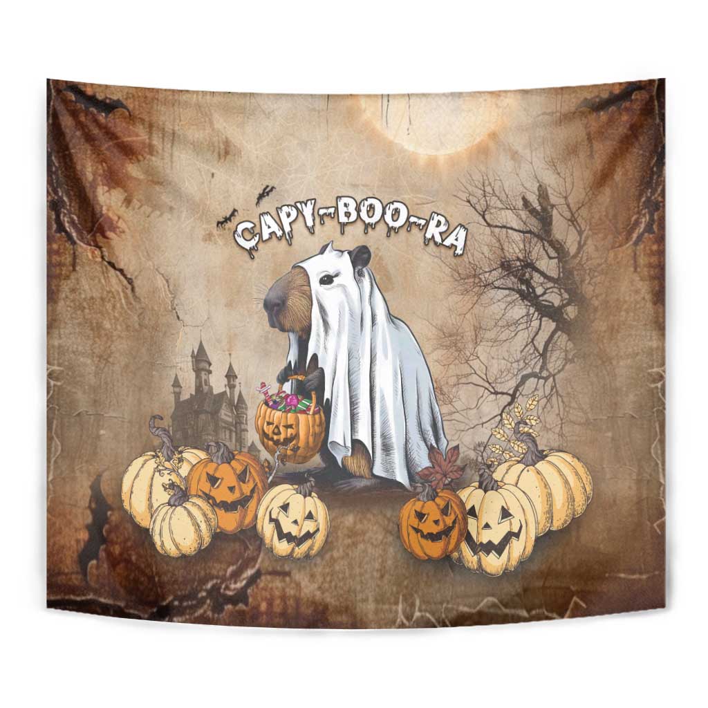Beige spooky capybara tapestry with ghost cape, pumpkins, and “CAPY-BOO-RA” title near top