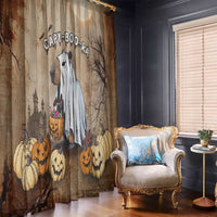 Halloween curtain panels with capybara and spooky tree, pumpkins, and Boo-Ra lettering on beige