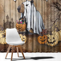 Halloween window curtain with large capybara ghost graphic and jack-o'-lanterns on beige