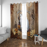 Halloween window curtain set, beige and brown with capybara Boo-Ra, pumpkins, and spooky trees
