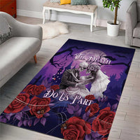 Purple Halloween skeleton couple area rug with red roses and 'Til Death Do Us Part' lettering