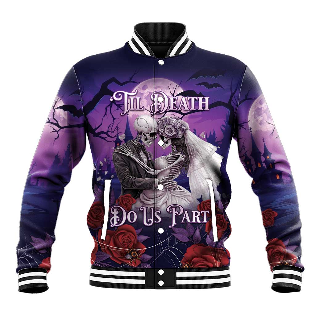 Purple baseball jacket with skeleton couple graphic, ribbed collar and snap front