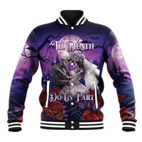 Purple baseball jacket with skeleton couple graphic, ribbed collar and snap front