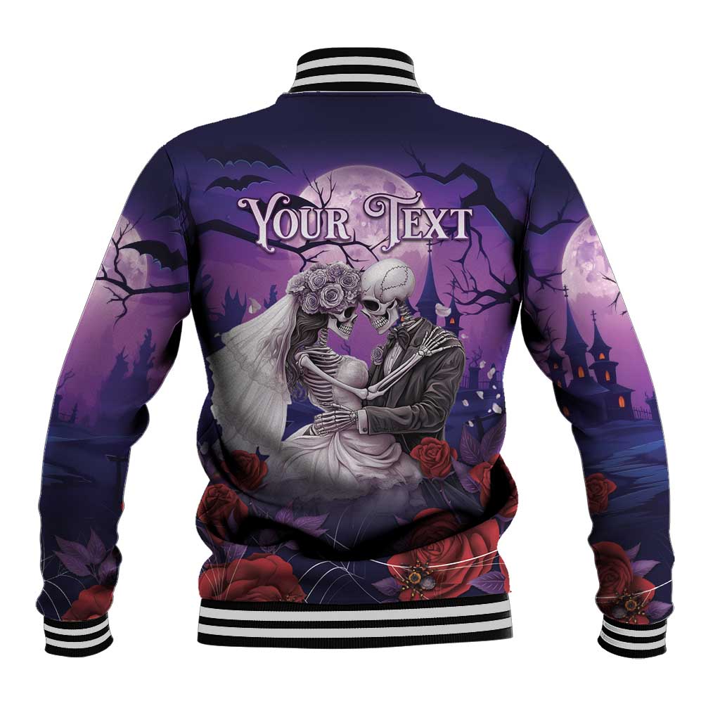 Purple back baseball jacket with skeleton couple holding hands graphic and ribbed hem cuffs
