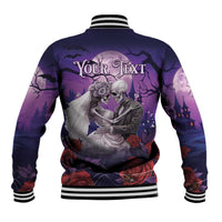 Purple back baseball jacket with skeleton couple holding hands graphic and ribbed hem cuffs
