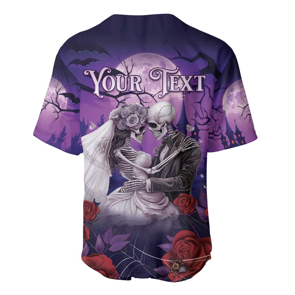Purple baseball jersey back with skeleton couple graphic, 'Your Text' and roses
