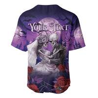 Purple baseball jersey back with skeleton couple graphic, 'Your Text' and roses