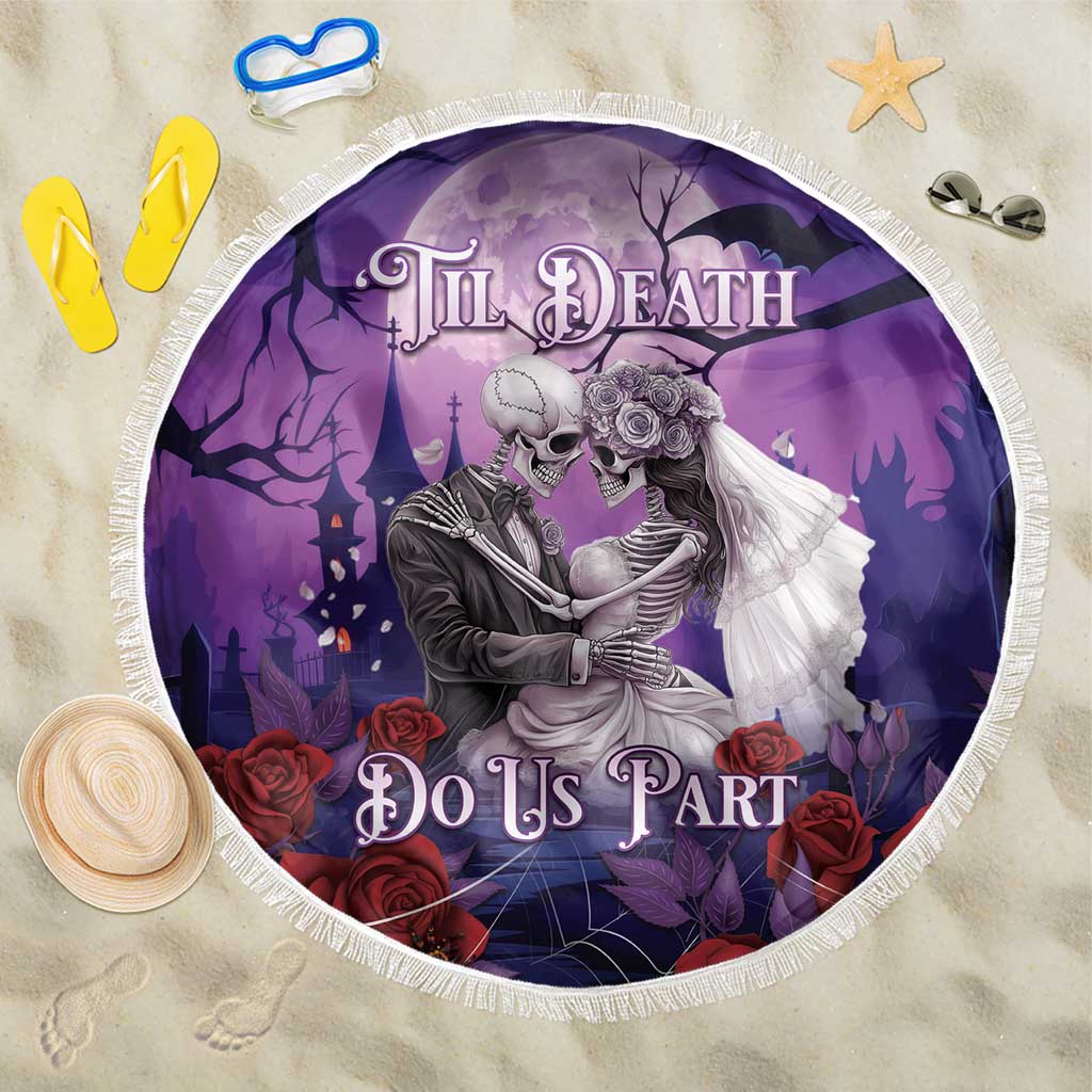 Purple round beach blanket with gothic skeleton couple holding roses graphic and fringe edge