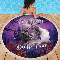 Purple round beach blanket with skeleton couple in gray and white, roses, and fringed border