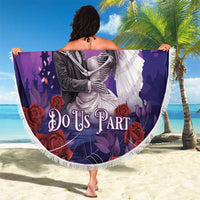 Purple round blanket with skeleton couple and roses, “Do Us Part” text, fringed edge