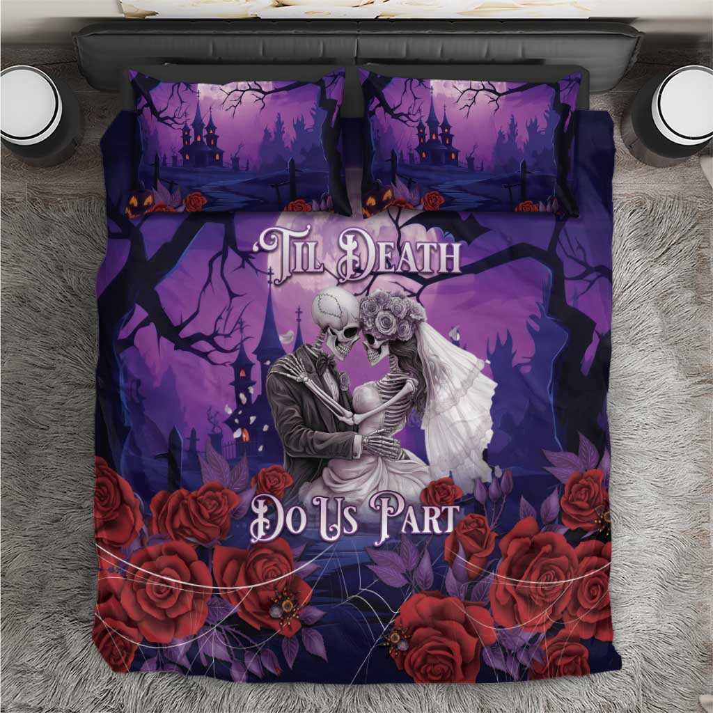 Purple Halloween skeleton couple bedding set with roses and “Til Death Do Us Part” on duvet and pillows