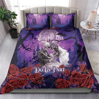Purple skeleton couple bedding set: duvet and two pillowcases with roses and “Til Death Do Us Part”