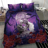 Purple Halloween duvet bedding set with skeleton couple, roses, bats, and “Til Death Do Us Part”
