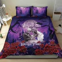 Purple skeleton couple bedding set with roses; duvet shows “Til Death Do Us Part” text