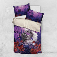 Purple Halloween duvet set with skeleton couple and roses; “Til Death Do Us Part” on cover