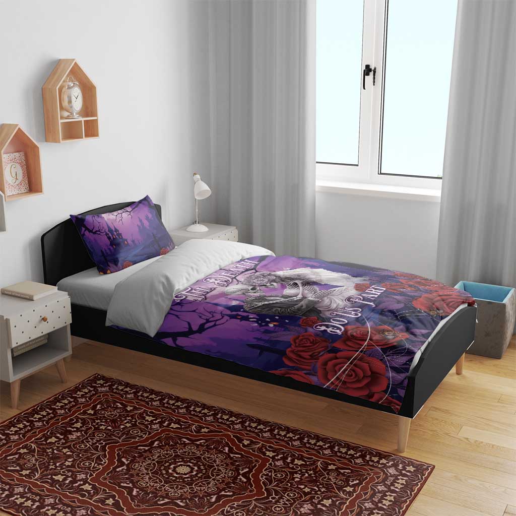 Purple Halloween bedding set on bed with skeleton couple artwork and roses on duvet