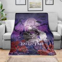 Purple Halloween skeleton couple blanket with roses and Til Death Do Us Part design