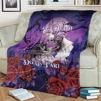 Purple skeleton couple throw blanket with roses and Til Death Do Us Part print