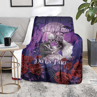 Purple Halloween skeleton couple blanket draped on seat with roses and Til Death Do Us Part