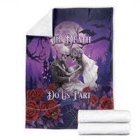 Purple Halloween skeleton couple blanket, folded with roses and Til Death Do Us Part