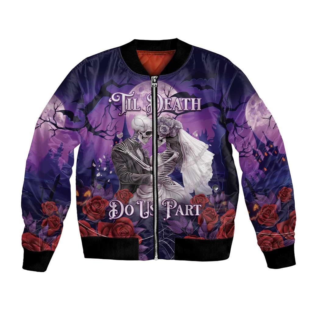 Purple bomber jacket with skeleton couple graphic and 'Till Death Do Us Part'