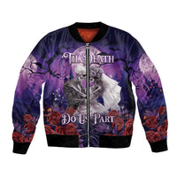 Purple bomber jacket with skeleton couple graphic and 'Till Death Do Us Part'