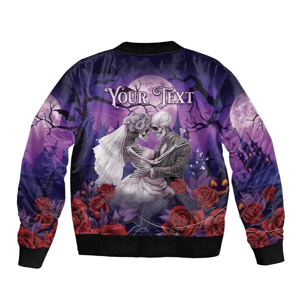 Purple bomber jacket with skeleton couple graphic and 'Your Text' print