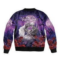 Purple bomber jacket with skeleton couple graphic and 'Your Text' print