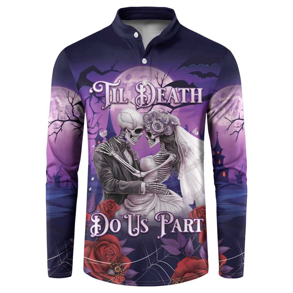 Purple button-front long-sleeve sweatshirt with skeleton couple graphic and 'Til Death' text