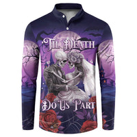 Purple button-front long-sleeve sweatshirt with skeleton couple graphic and 'Til Death' text