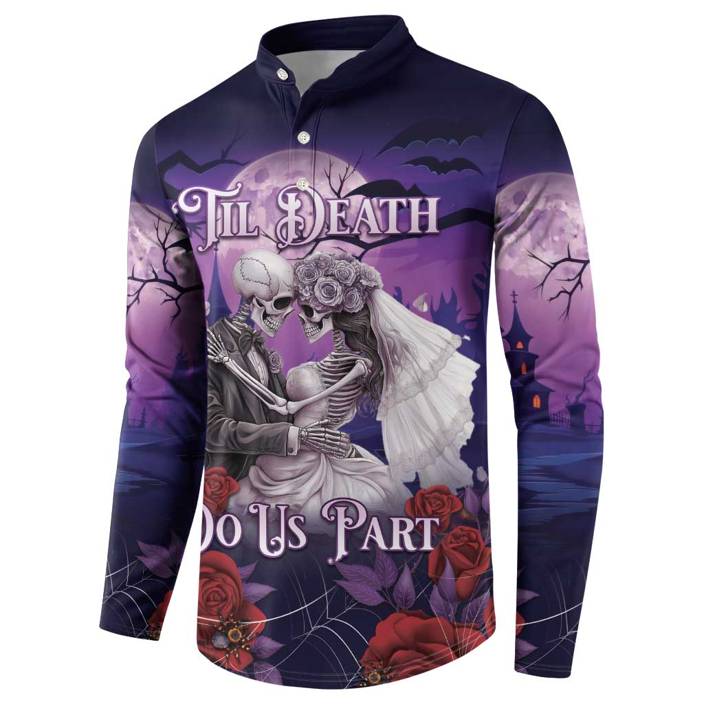 Purple button-front long-sleeve sweatshirt with skeleton couple graphic and 'Do Us Part' text