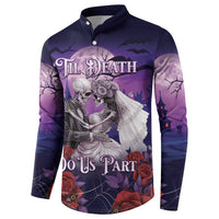 Purple button-front long-sleeve sweatshirt with skeleton couple graphic and 'Do Us Part' text