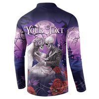 Purple button-front long-sleeve sweatshirt, back 'Your Text' over skeleton couple design