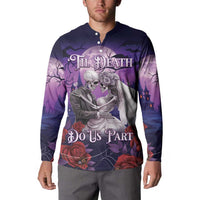 Purple button-front long-sleeve sweatshirt with skeleton couple graphic and roses, front view