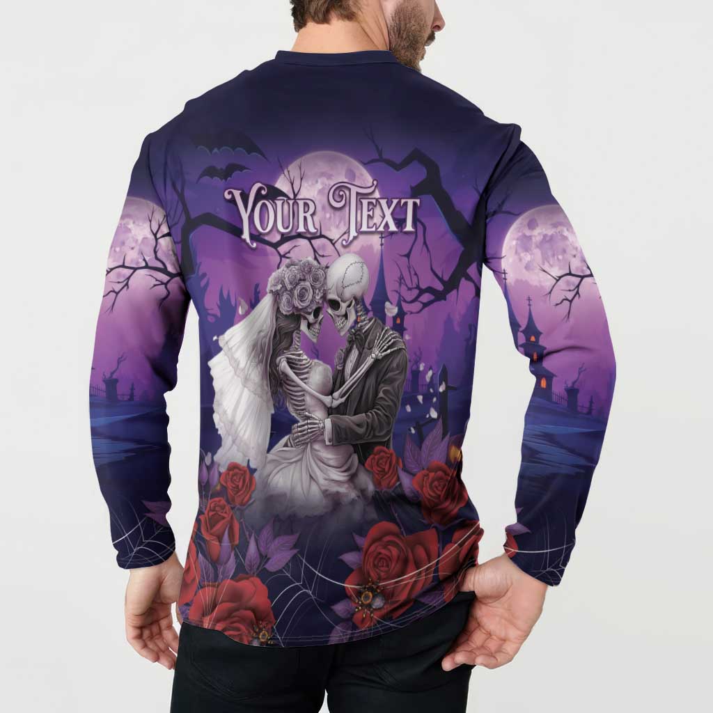 Purple button-front long-sleeve sweatshirt, back view with skeleton couple and red roses
