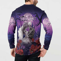 Purple button-front long-sleeve sweatshirt, back view with skeleton couple and red roses