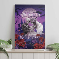 Purple canvas wall art of a skeleton couple embracing with roses and bats, "Til Death Do Us Part"
