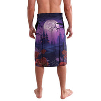 Personalized Halloween skeleton couple lavalava, purple with castle and moon graphic, back view